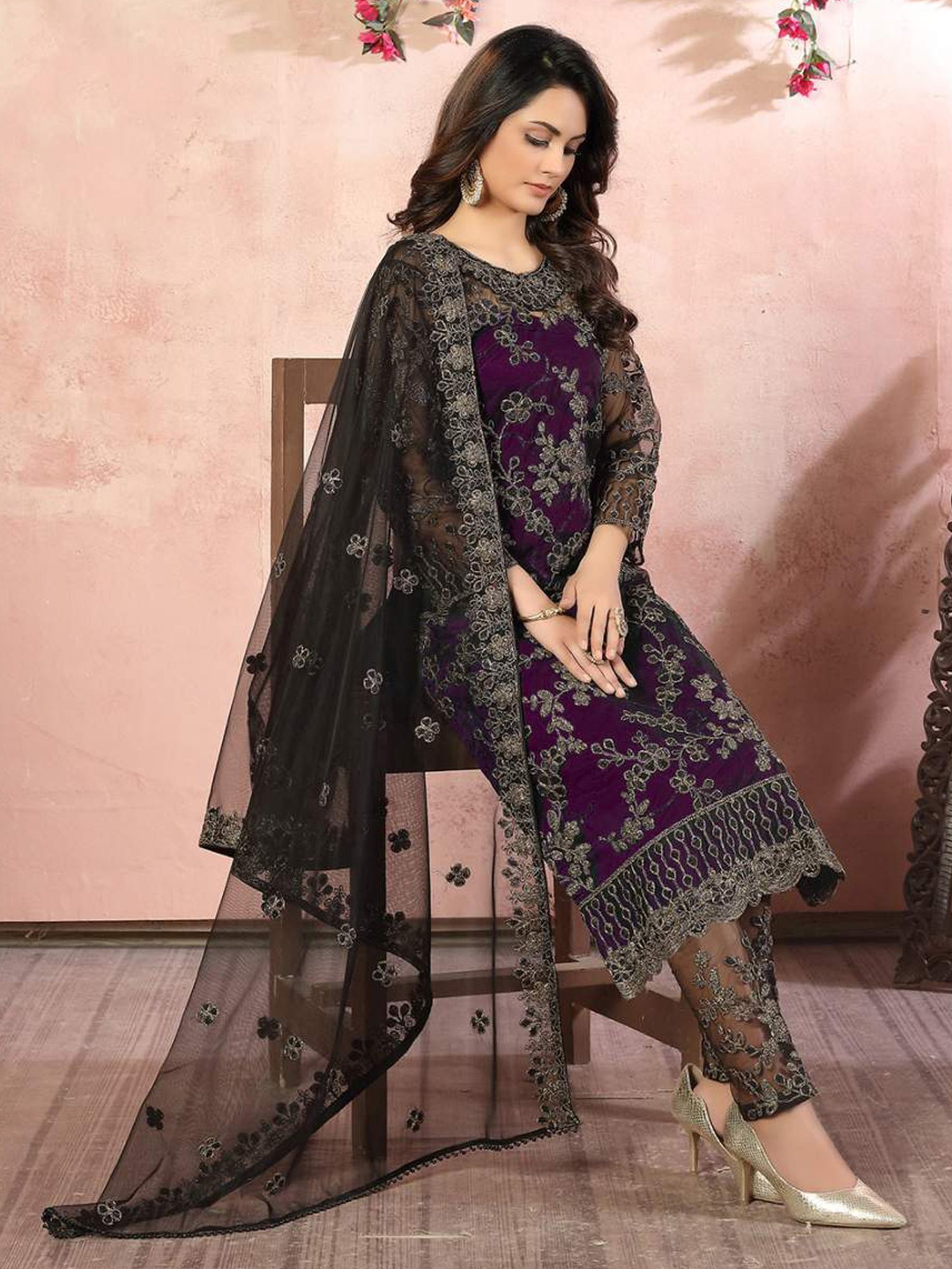 Odette Purple Embroidered Unstitched Dress Material