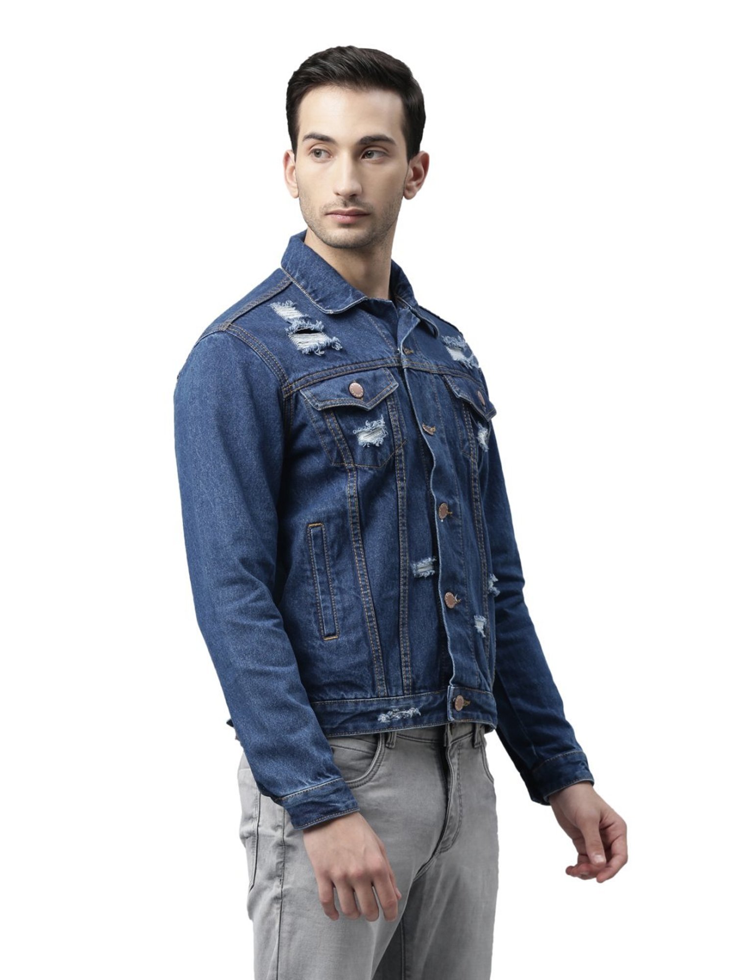 CINOCCI Blue Cotton Slim Fit Distressed Denim Jacket