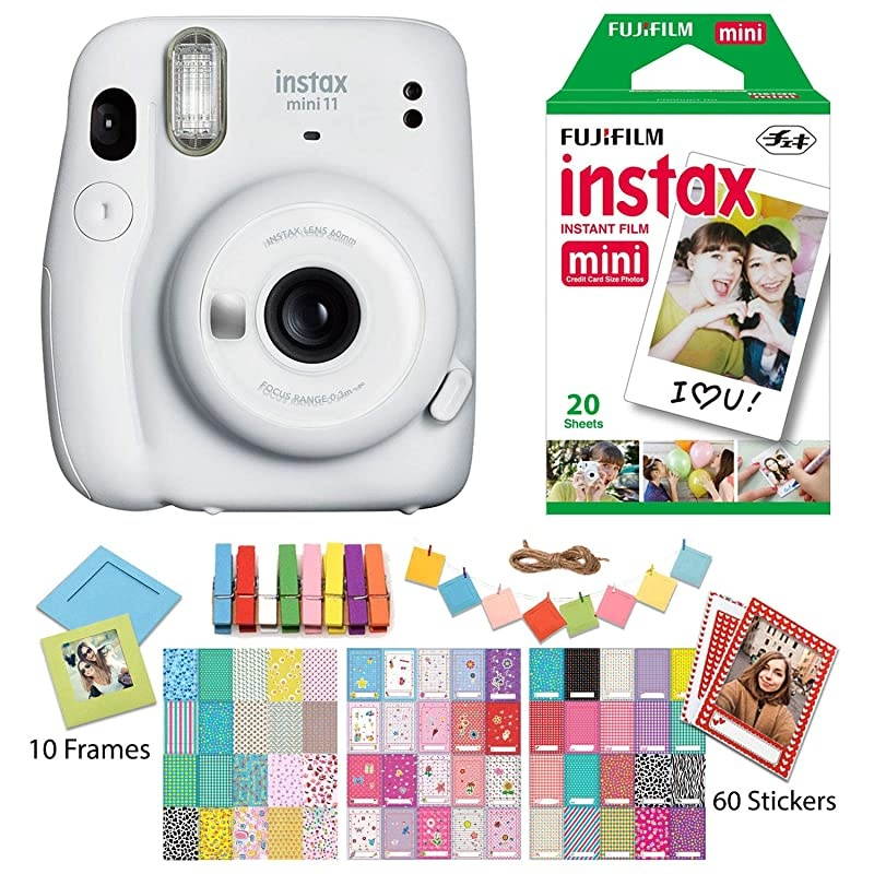 Instax Mini 11 Ice White Instant Camera with Twin Pack Instant Film Ritz Gear Frame Stickers and Ritz Gear Hanging Frames