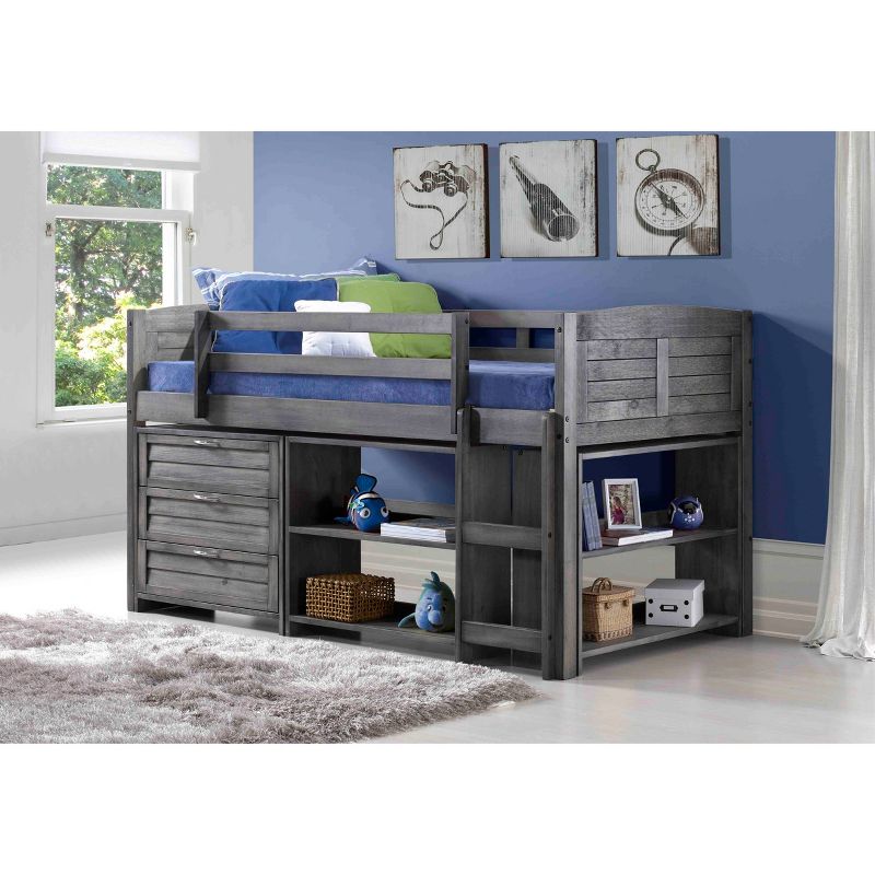 Louver Low Loft Bed with 3 Drawer Chest and Large + Small Bookcase Antique Gray - Donco Kids