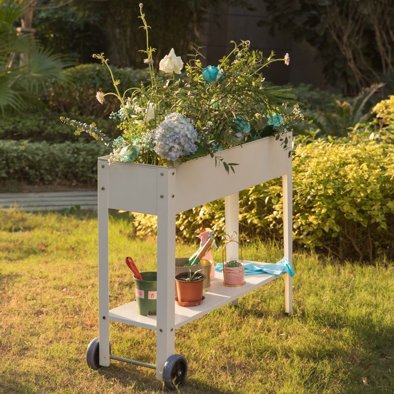Gardenised Mobile Planter Raised Garden Bed Rectangular Flower Cart with Shelf