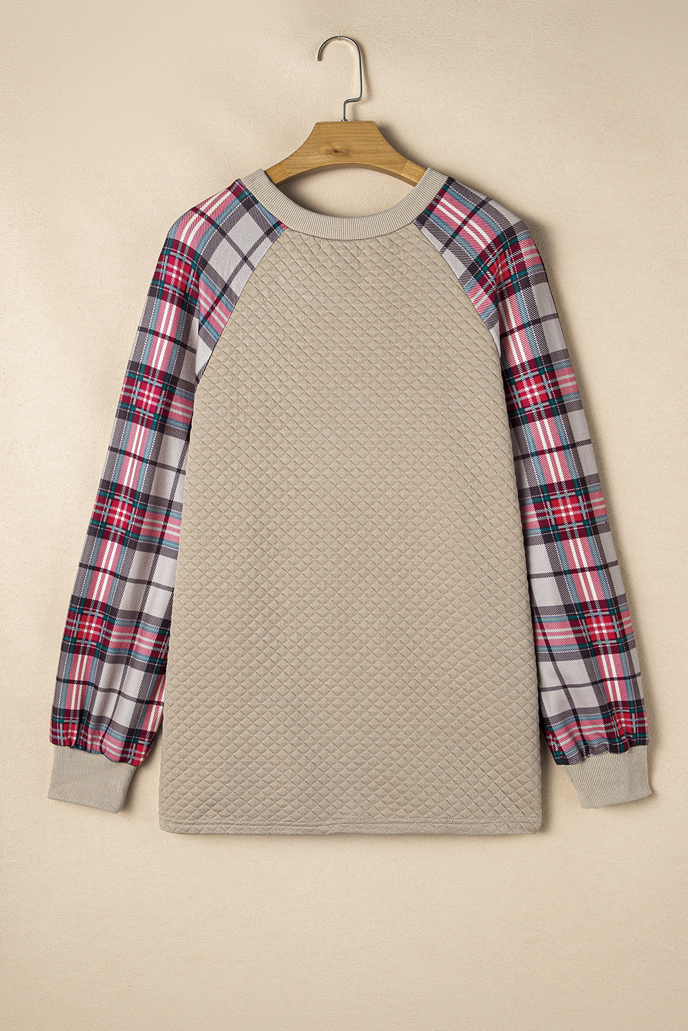 Apricot Plus Size Plaid Raglan Sleeve Crew Neck Sweatshirt