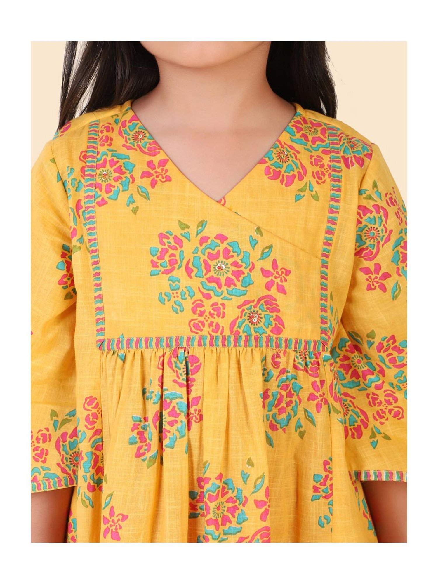 Fabindia Kids Yellow & Pink Floral Print Kurta, Salwar with Dupatta