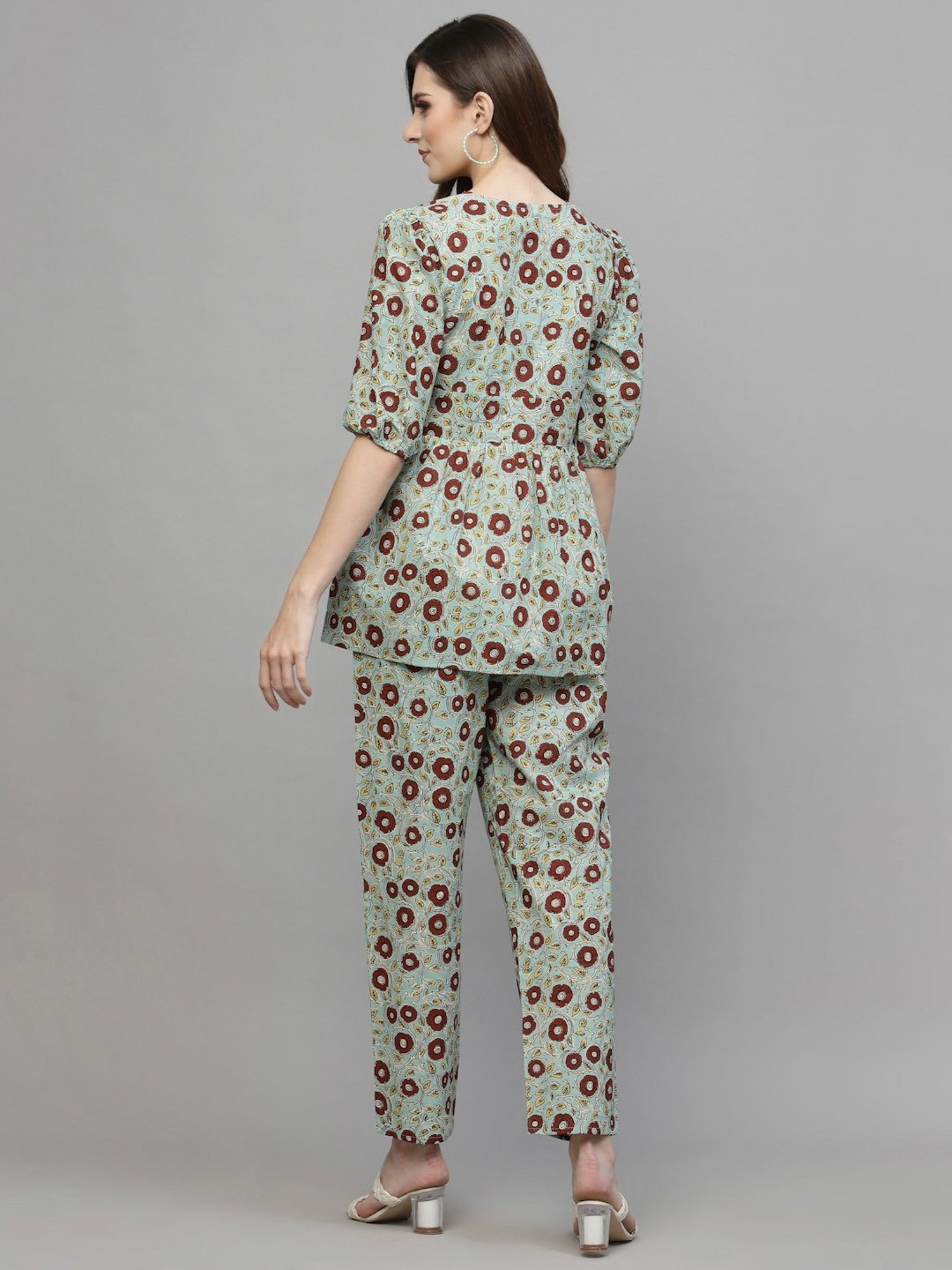 Stylum Turquoise Cotton Floral Print Tunic Pant Set