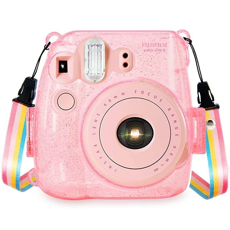 Crystal Camera Case w Adjustable Rainbow Shoulder Strap Compatible with Fugifilm Instax Mini 8Mini 8+Mini 9 Instant Camera Pink Crystal
