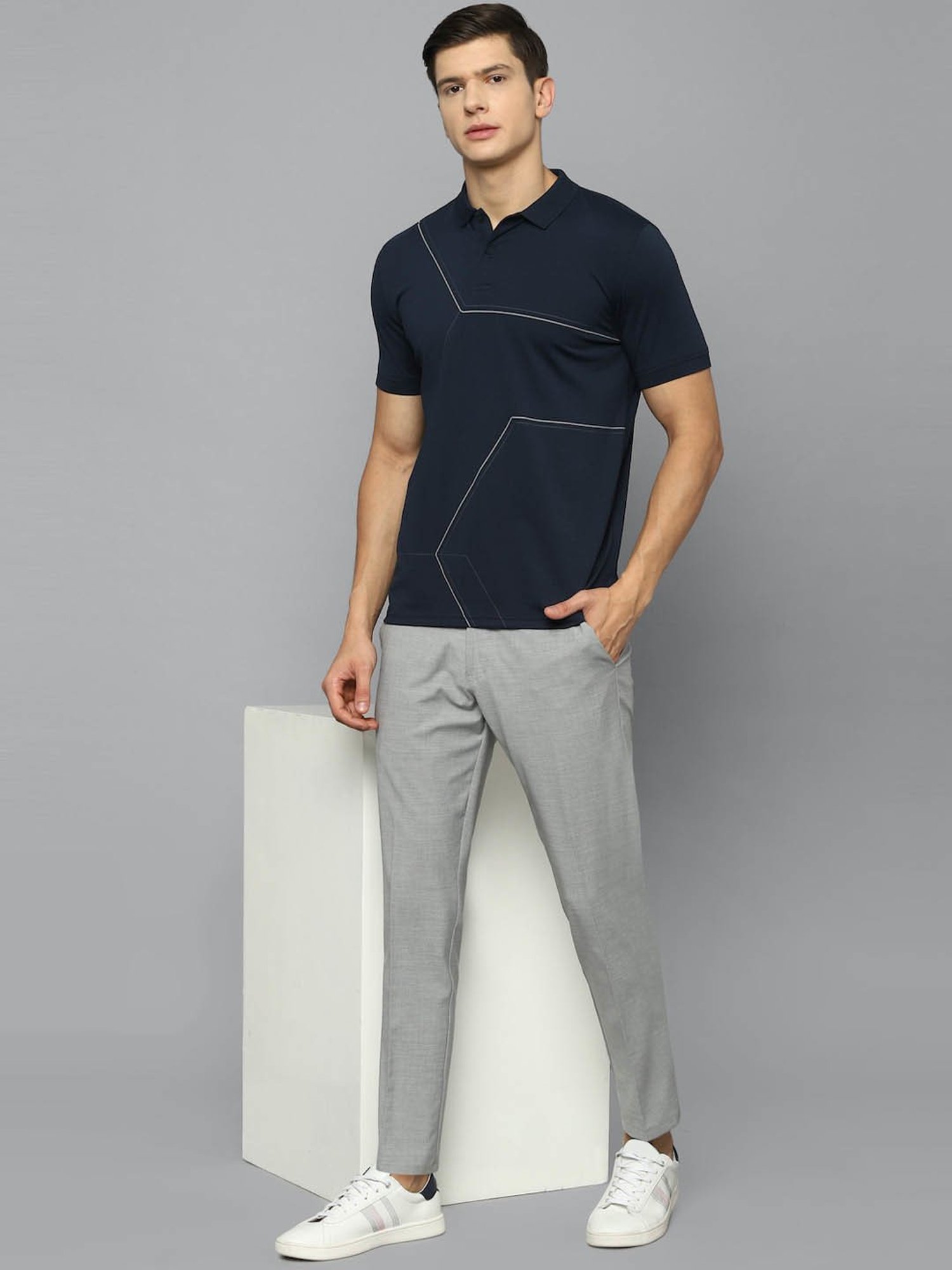 Louis Philippe Sport Navy Cotton Slim Fit Printed Polo T-Shirt