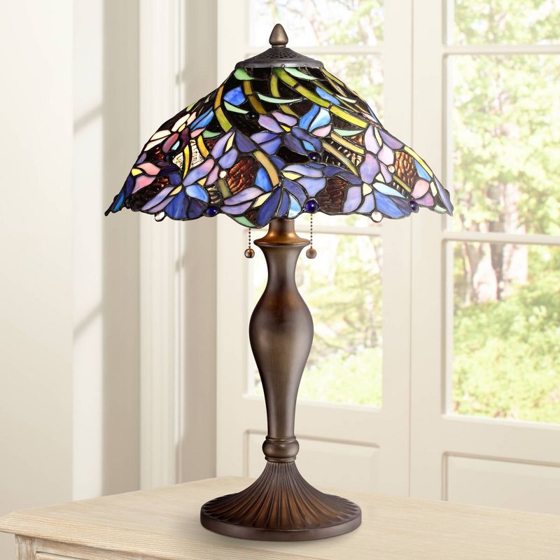 Robert Louis Tiffany Traditional Table Lamp Vintage Bronze Metal Floral Swirl Stained Art Glass for Living Room Family Bedroom