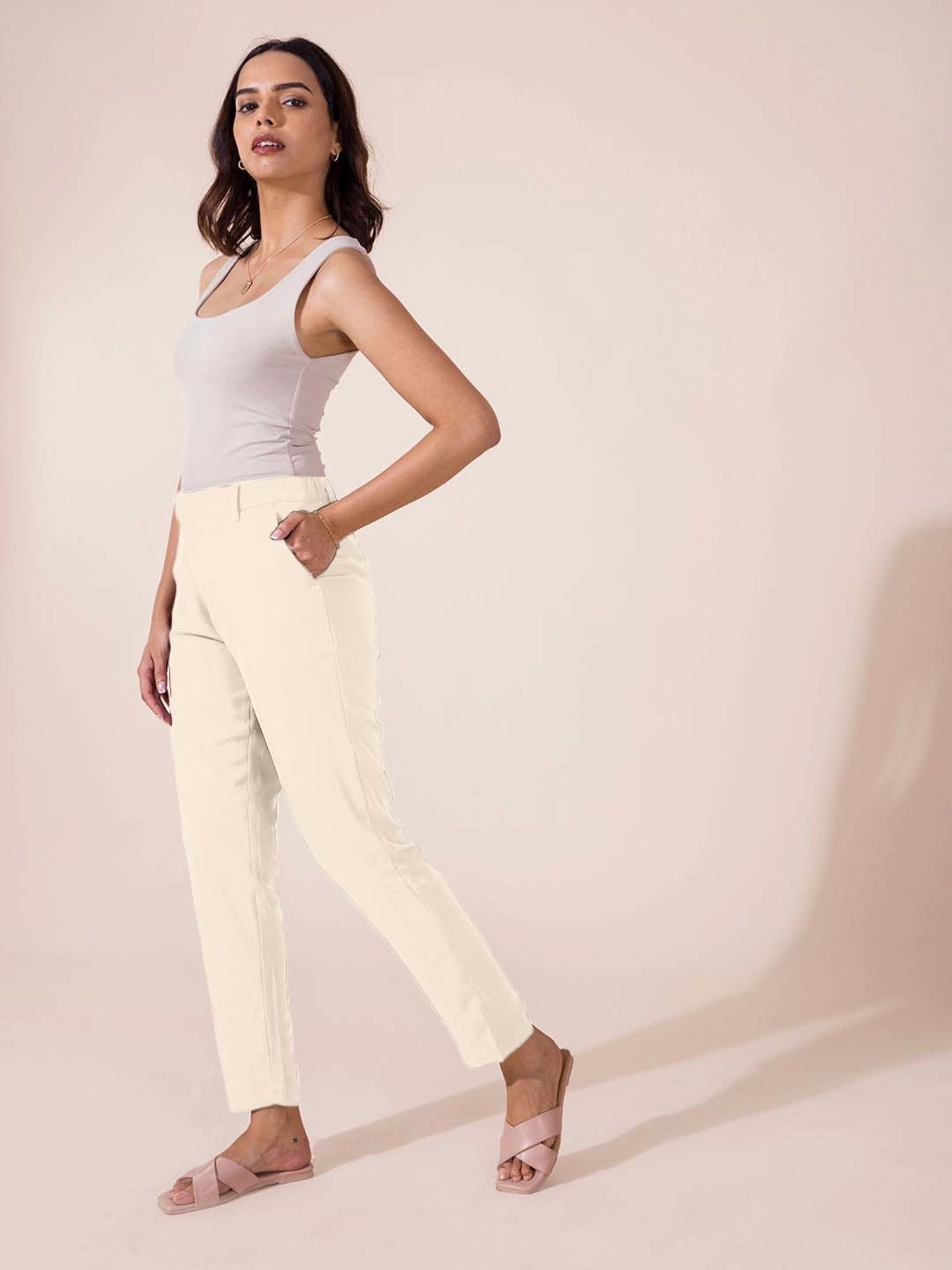 Go Colors! Beige Mid Rise Formal Trousers