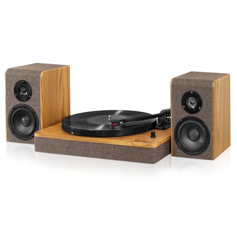 Victrola 3-Speed Bluetooth Record Player Turntable with 50 Watt Speakers, Wrapped Linen Fabric, Oak Wood