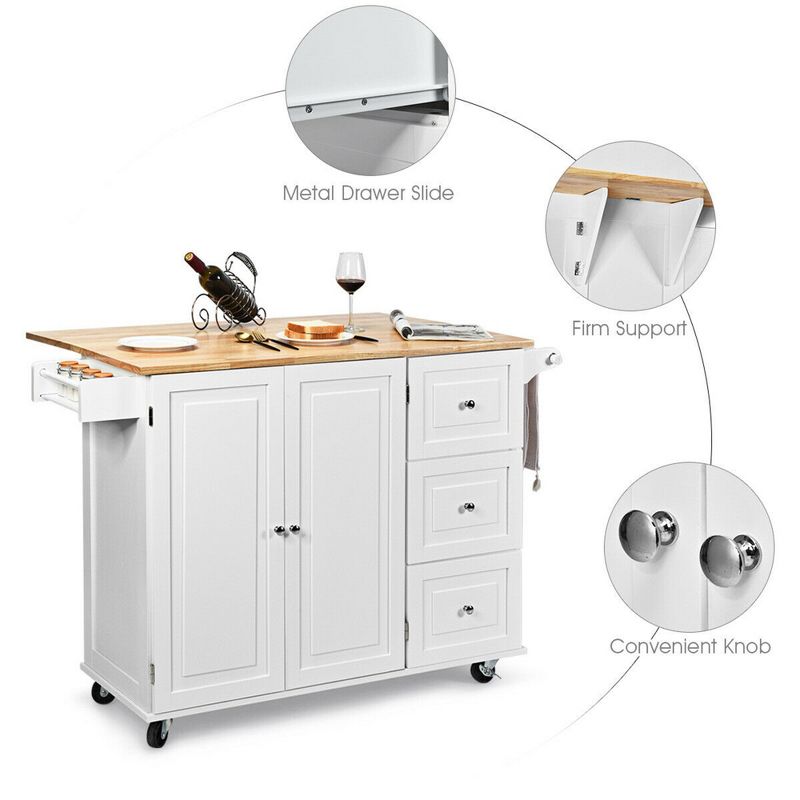 Costway Drop-Leaf Kitchen Island Trolley Cart Wood Storage Cabinet w/ Spice Rack White
