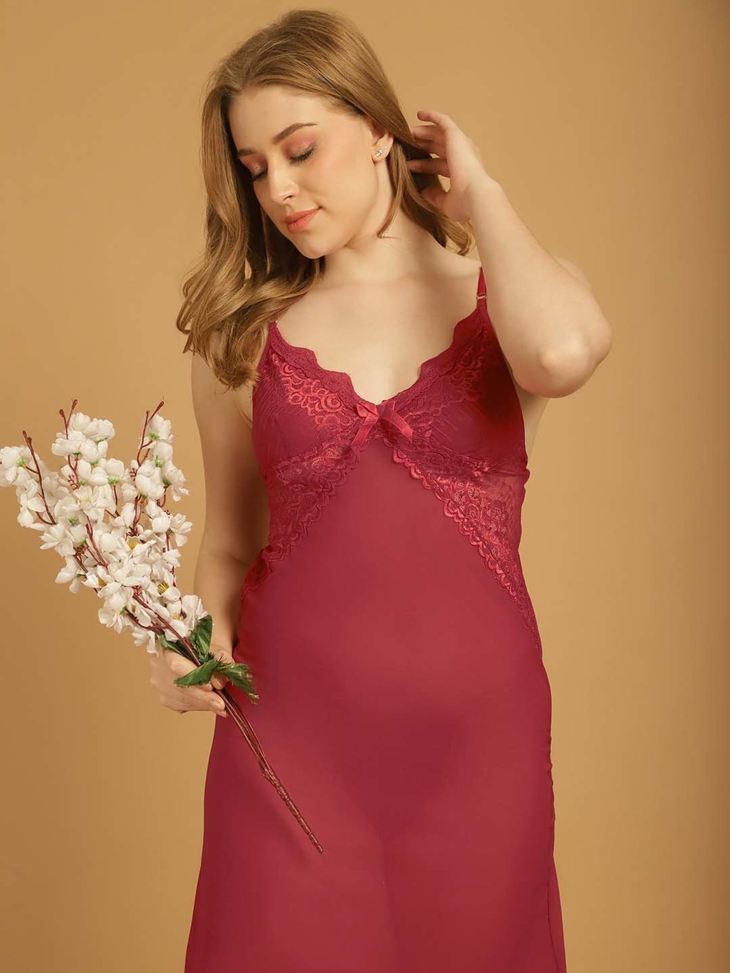 Stylee LIFESTYLE Maroon Lace Work Babydoll With Brief