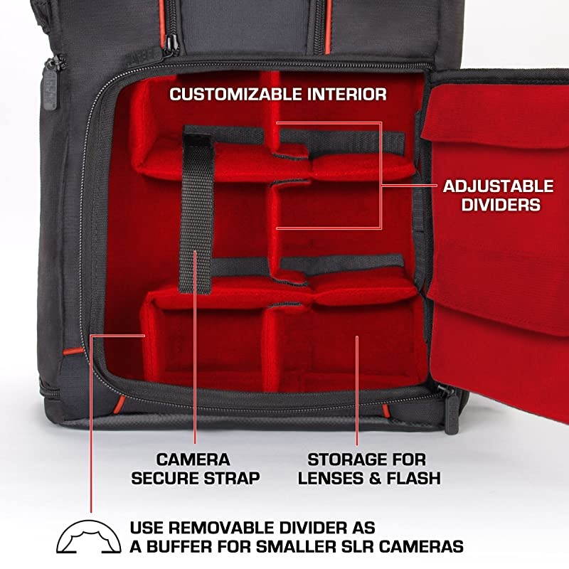 DSLR Camera Backpack Case - 15.6 inch Laptop Compartment, Padded Custom Dividers, Tripod Holder, Rain Cover, Long-Lasting Durability and Storage Pockets - Compatible with Many DSLRs (Black)