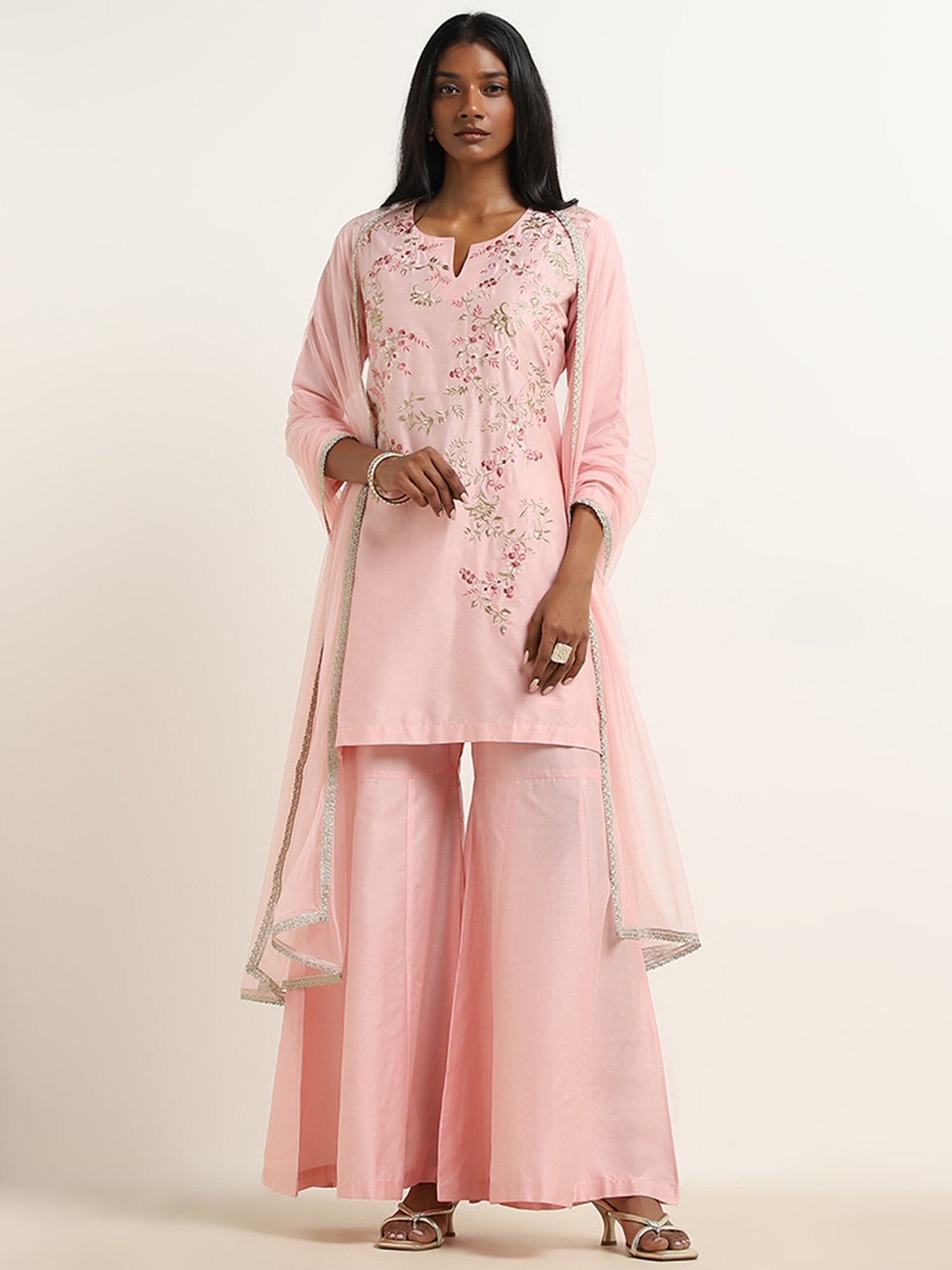 Vark by Westside Pink Floral Embroidered Kurti, Gharara & Dupatta Set