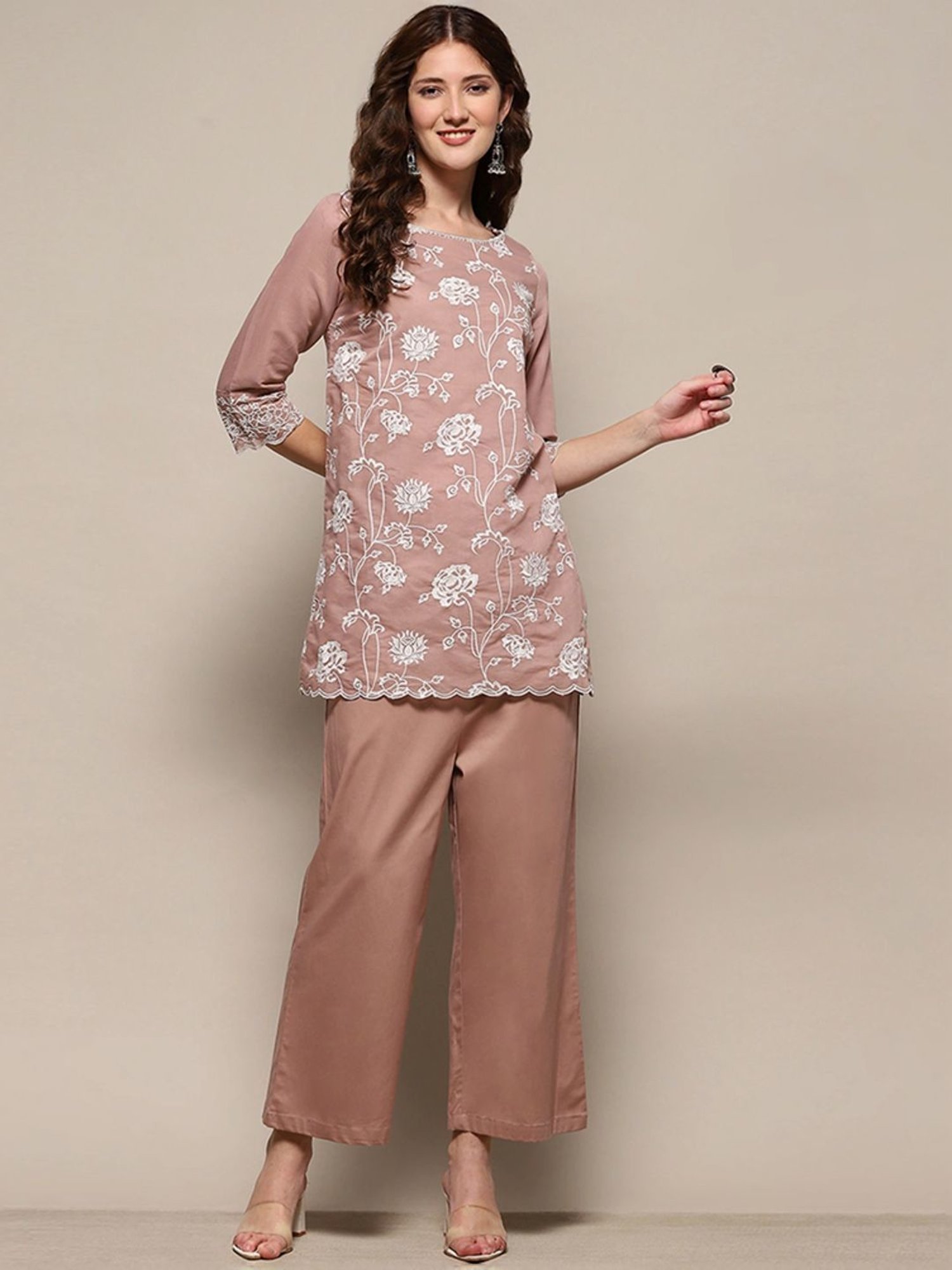 Biba Beige Embroidered Kurti Palazzo Set