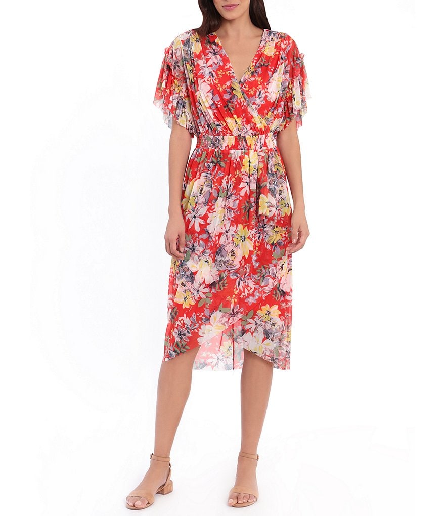 London Times Petite Size Floral Short Sleeve Faux Wrap Hi-Low Dress