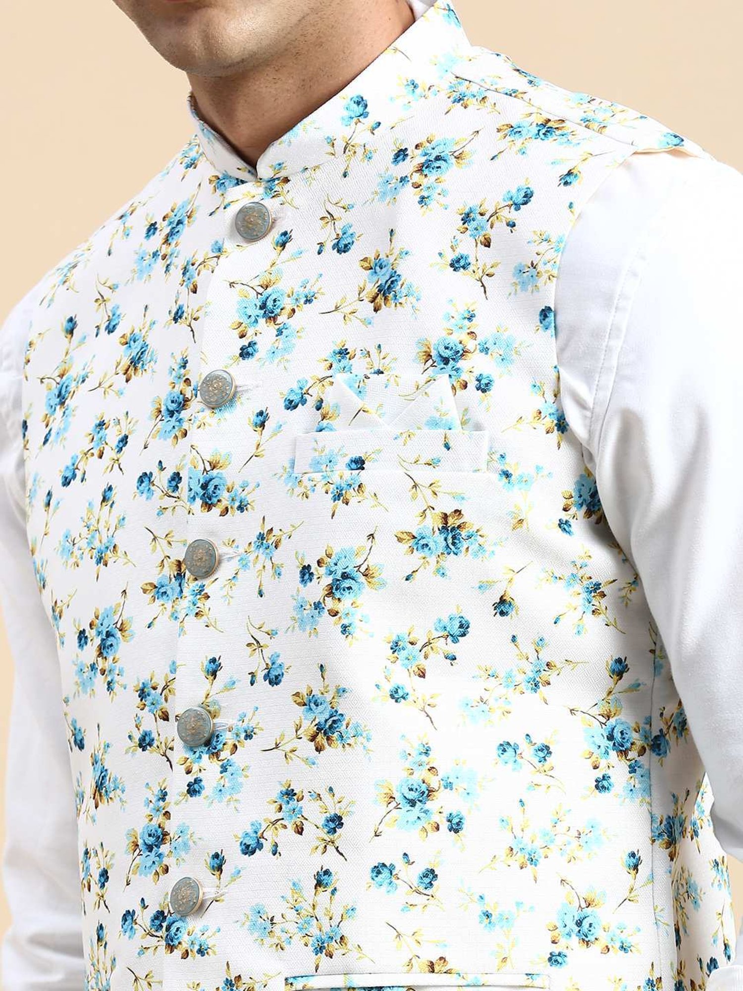 VASTRAMAY Teal Green Regular Fit Printed Nehru Jacket
