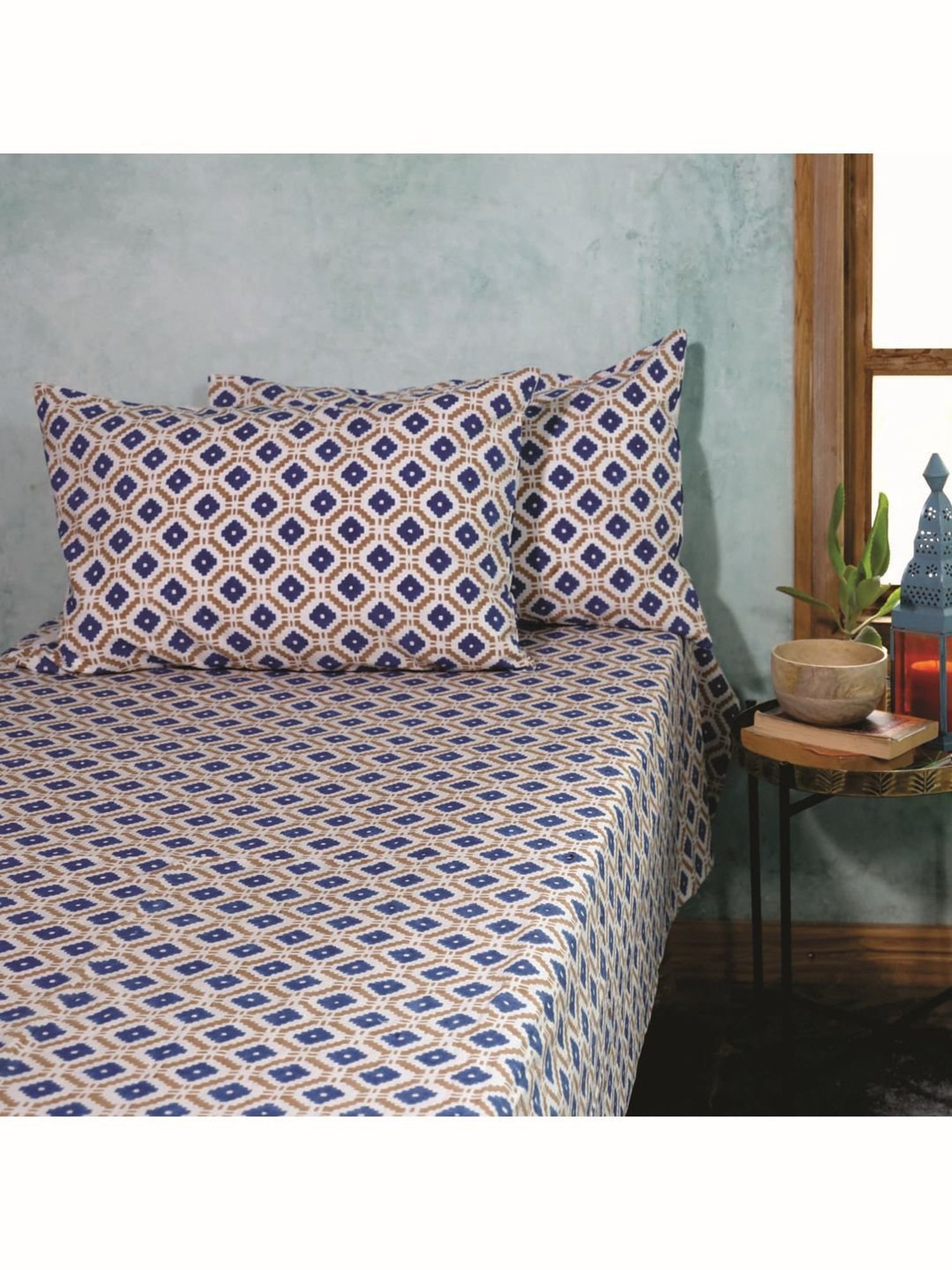 Fanusta Manzhar Blue & Brown 200 TC Hand Block Printed Bed Sheet Set