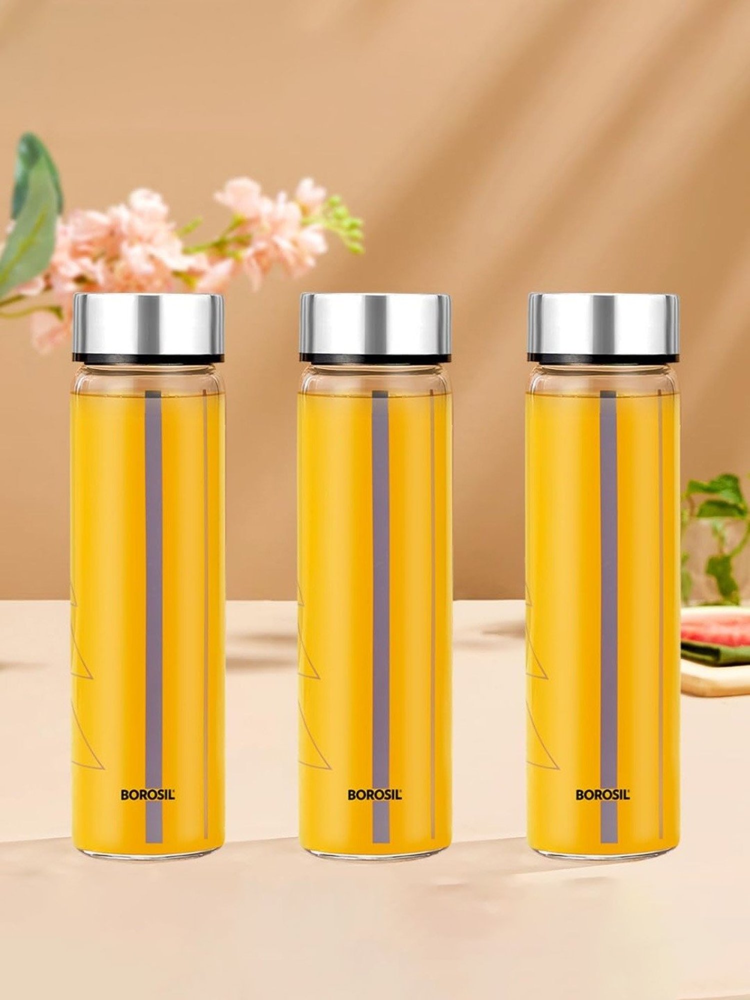 Borosil Water Bottle with Fridge Safe & Leakproof Set of 3 (Transparent, 550 ml)