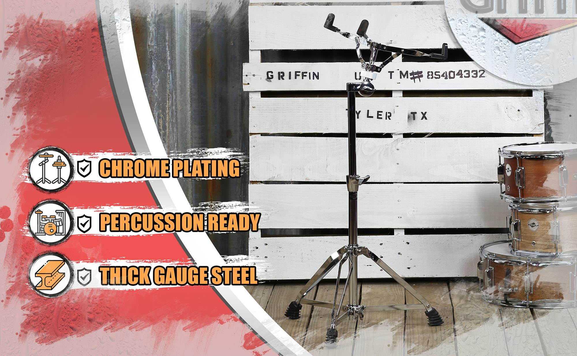 Extended Height Snare Drum Stand by GRIFFIN | Tall Adjustable Height Snare Stand For Practice Pad | Concert Stand Up Drum Mount Holder With Basket Clamp | Double Braced Percussion Chrome Drum Hardware