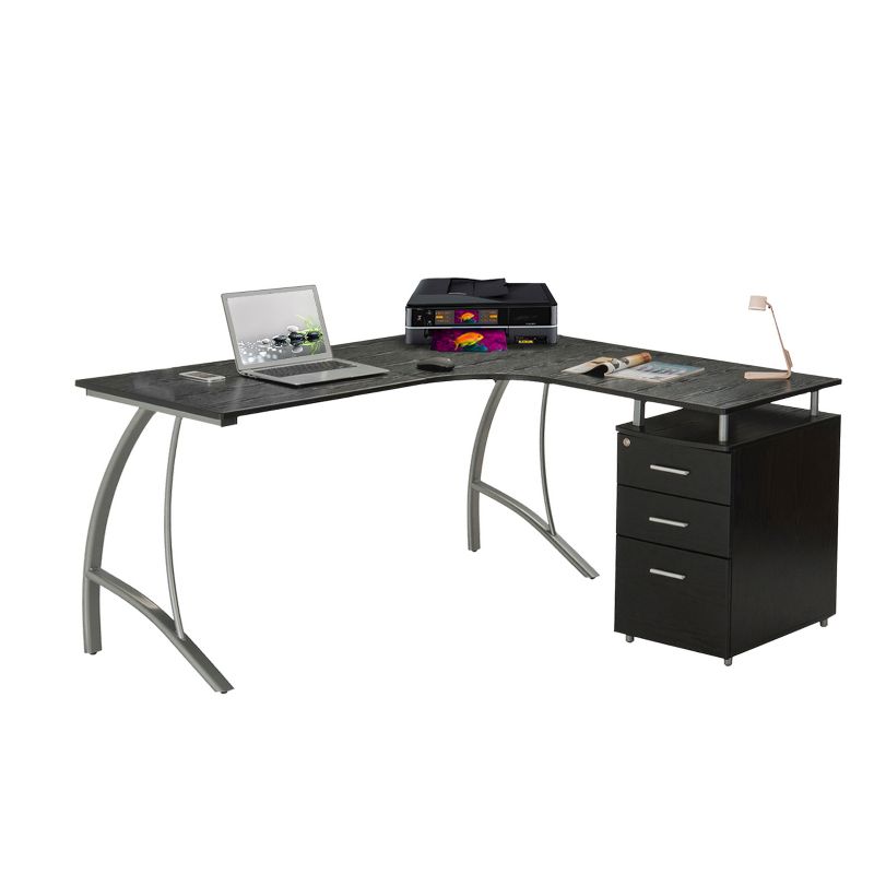 Modern L Shaped Computer Desk with File Cabinet and Storage Espresso Brown - Techni Mobili