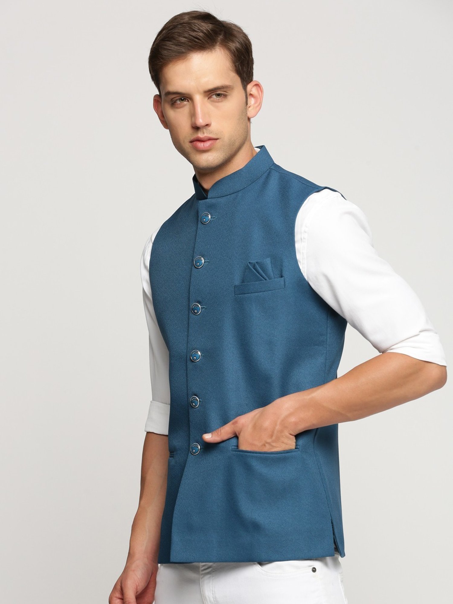 VASTRAMAY Teal Green Regular Fit Printed Nehru Jacket