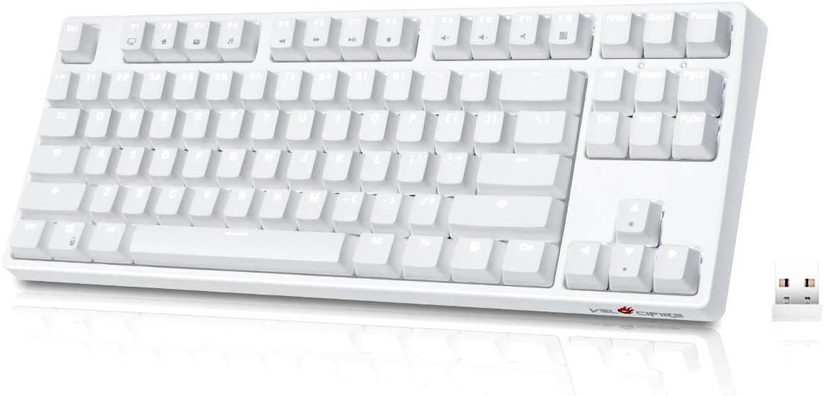 VELOCIFIRE TKL02 Wireless Plugable Mechanical Keyboard 87 Key Tenkeyless Ergonomic with Low Profile Quiet Brown Switches, and White LED Backlit for Copywriters, Typists, and Programmers