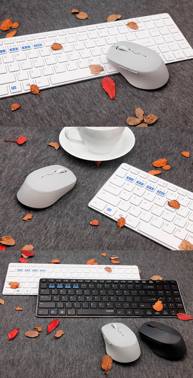 Rapoo 9300M  Ergonomic Design, Ultra-thin  Waterproof Wireless 3 Modes(Bluetooth4.0and 3.0, 2.4GHz Wireless) Connection Keyboard And 1600DPI Silent Mouse Combo For Office And Game - Black