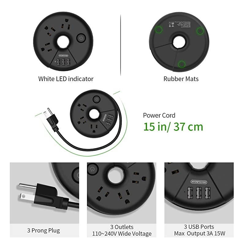 Travel Power Strip  Portable Charging Station 3 USB Without Surge Protector Short Extension Cord 15 inch Compact for Home Office Cruise Ships Business Trip Hotels Black