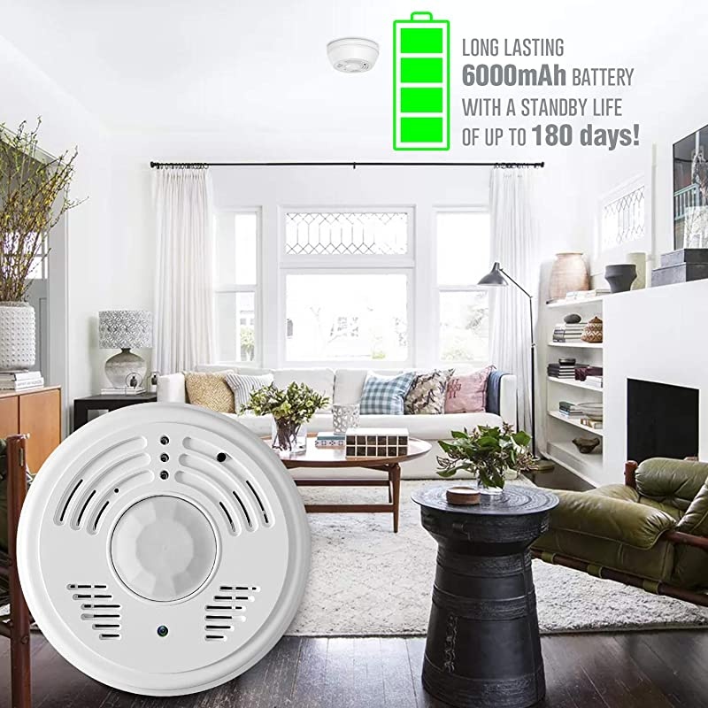 Smoke Detector 32Gb Included WiFi Motion Detection Hidden Surveillance Camera Night Vision w. 180 Days Standby Battery & Magnetic Pads Recessed Light Trim Installation Tool (Downview)