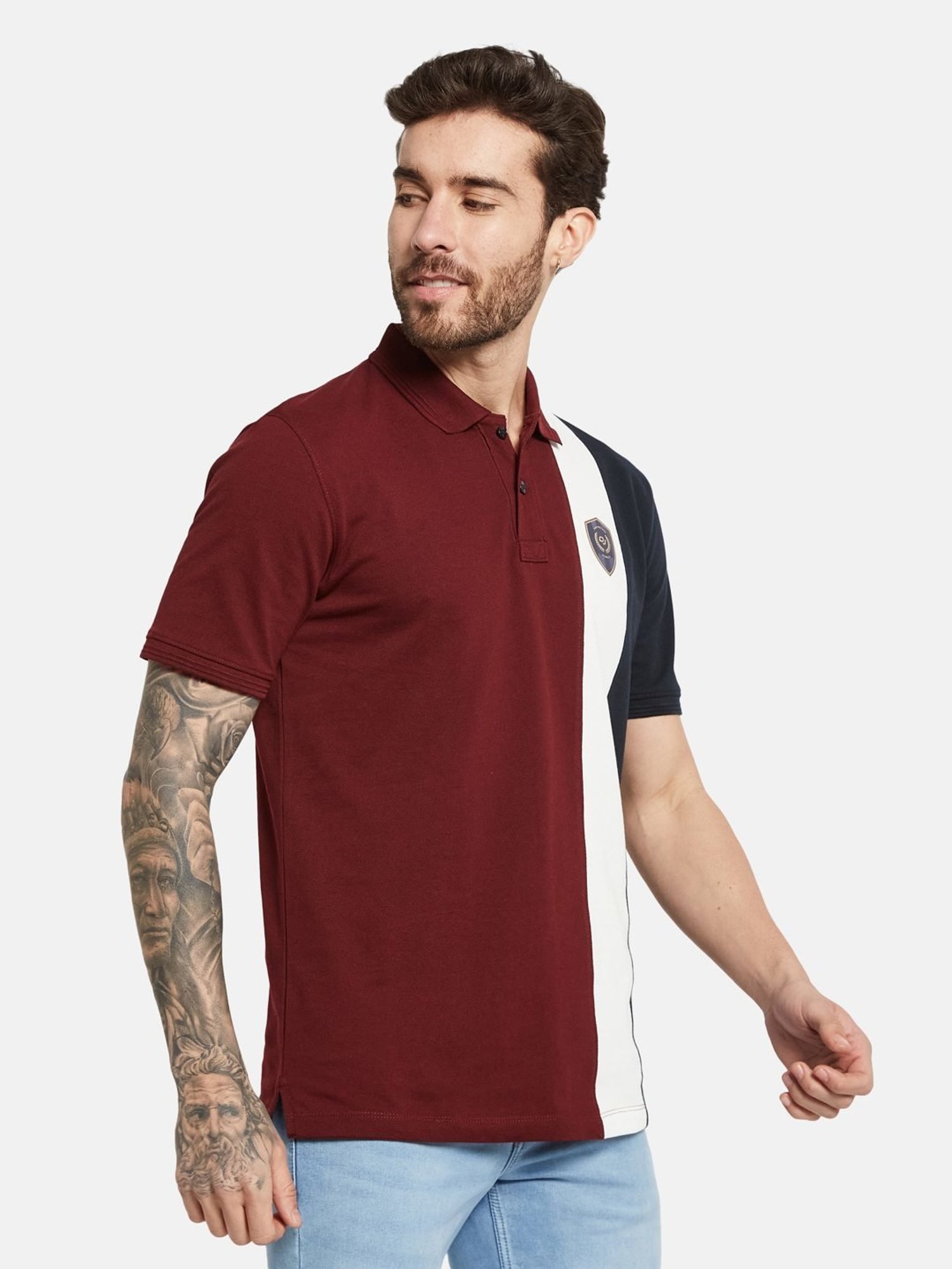 Octave Merlot Cotton Regular Fit Colour Block Polo T-Shirt