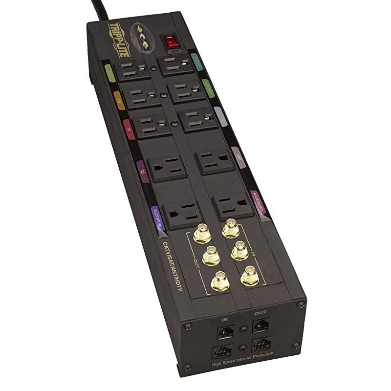 Isobar 10 Outlet AudioVideo Surge Protector TelModemCoaxNetwork 8ft Cord Right Angle Plug $500000 Insurance HT10DBS Black