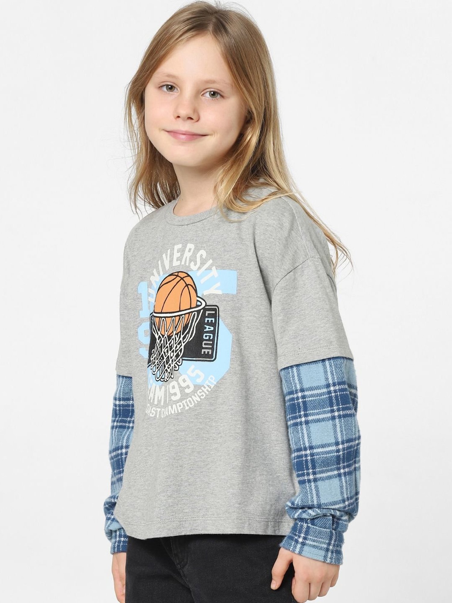 KIDS ONLY Melange Grey & Blue Cotton Printed Full Sleeves Sweatshirt