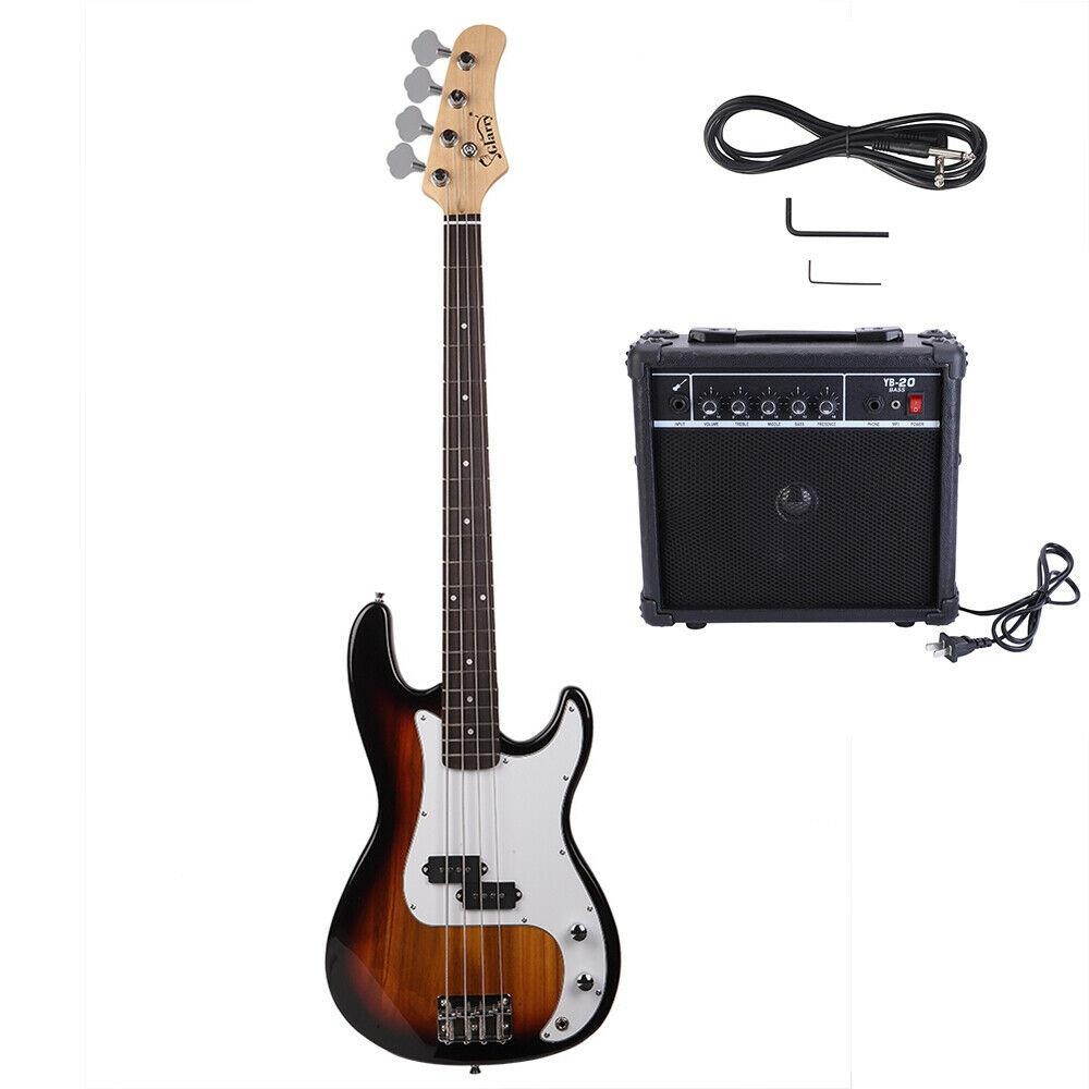 New Black Sunset Natural Blue Basswood 4 Strings Electric Guitar Bass W/ 20W AMP