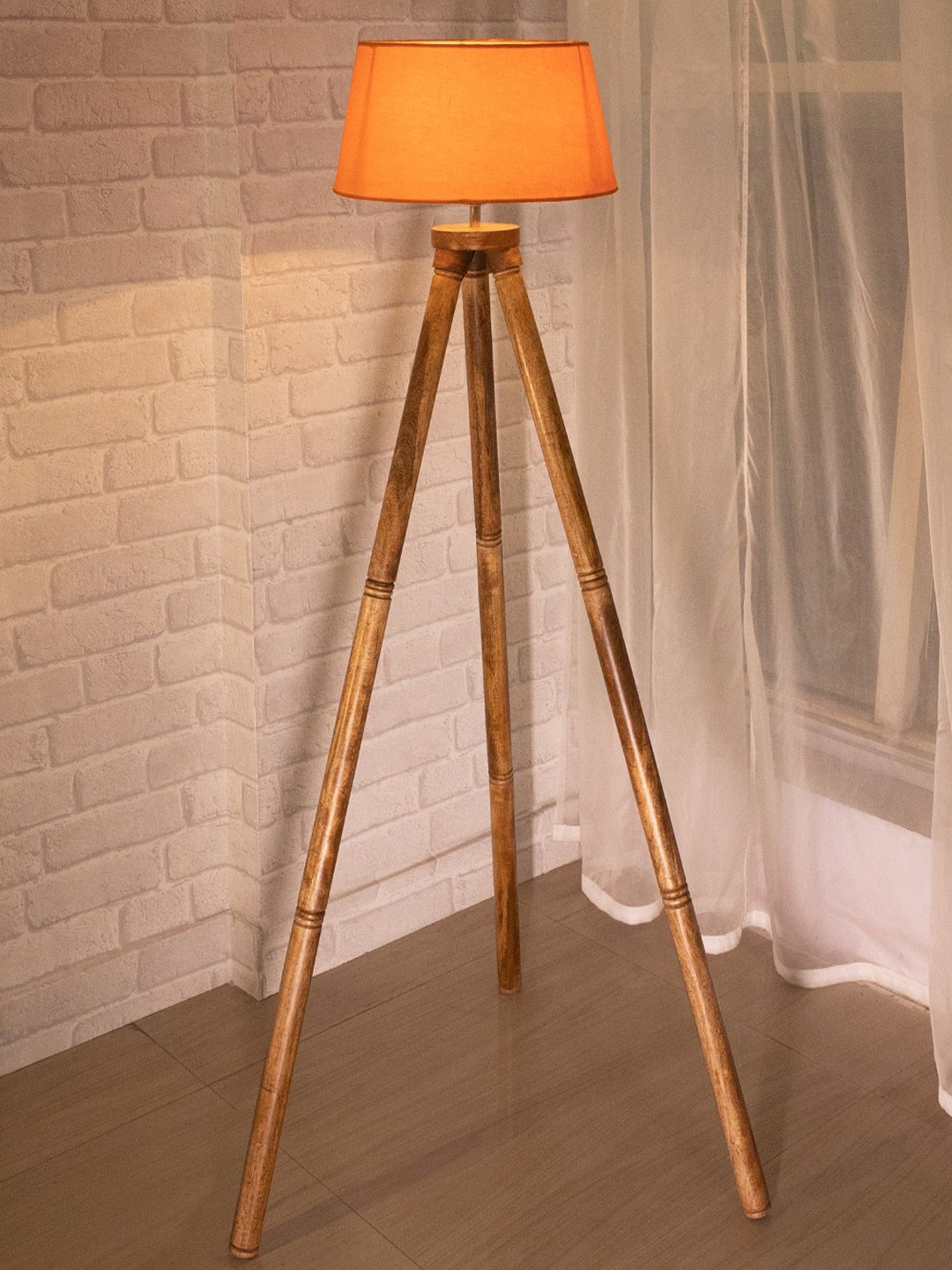 Homesake 'Tripod' Orange & Brown Wood Tall Floor Lamp With Shade & Bulb - Set of 1