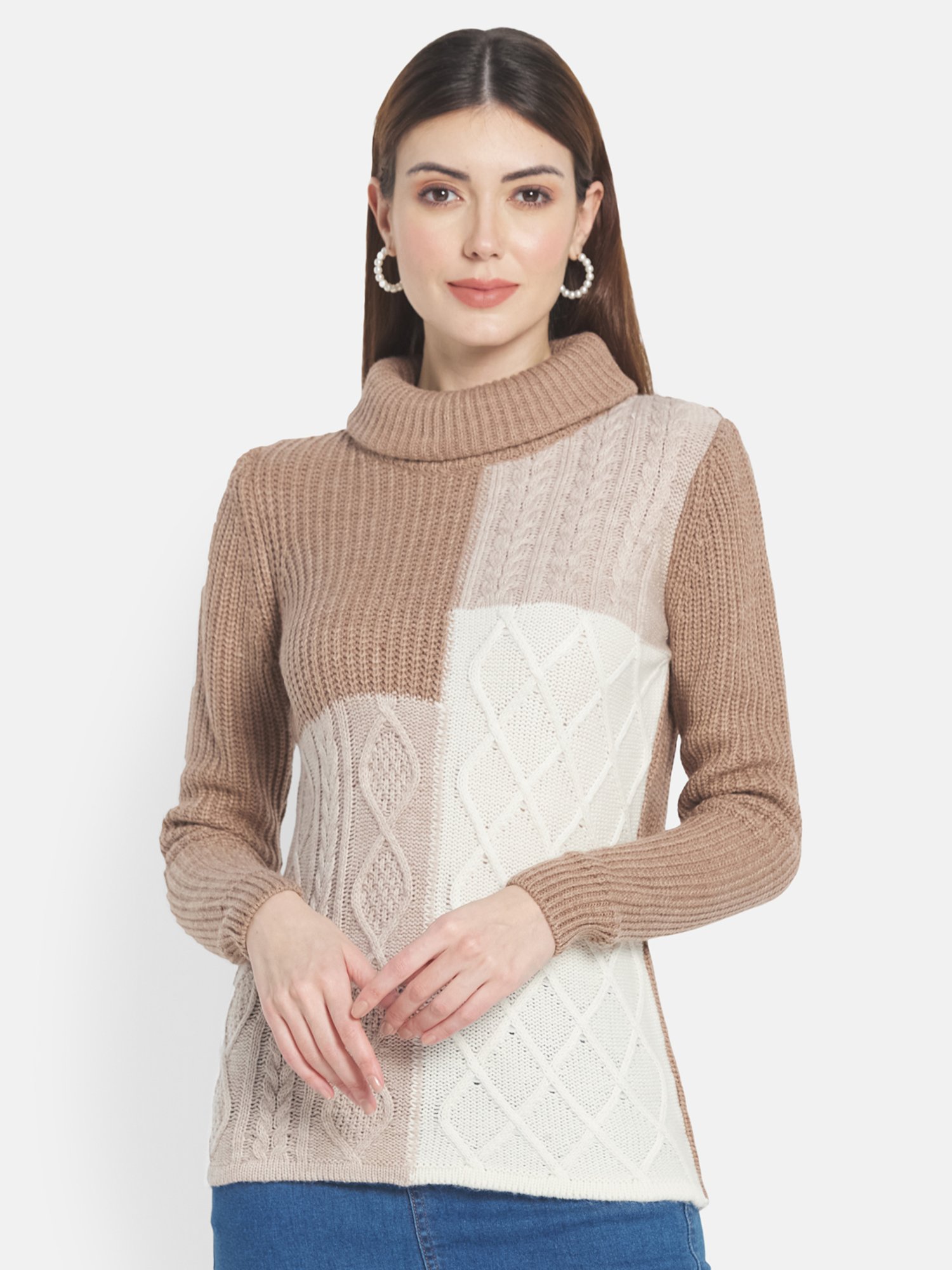 METTLE Brown & white Color Block Pattern Pullover