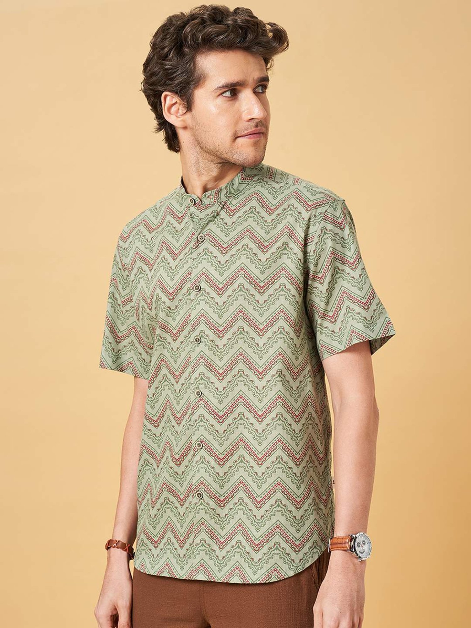 Indus Route By Pantaloons Powder Blue Regular Fit Printed Shirt