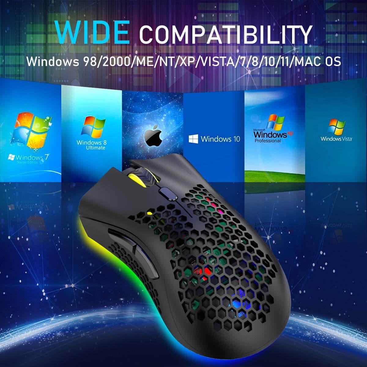 Gaming Mice Wireless Lightweight Gaming Mouse Honeycomb with 7 Button Multi RGB Backlit Perforated Ergonomic Shell Optical Sensor Adjustable DPI Rechargeable 800mAh Battery USB Receiver for PC Laptop