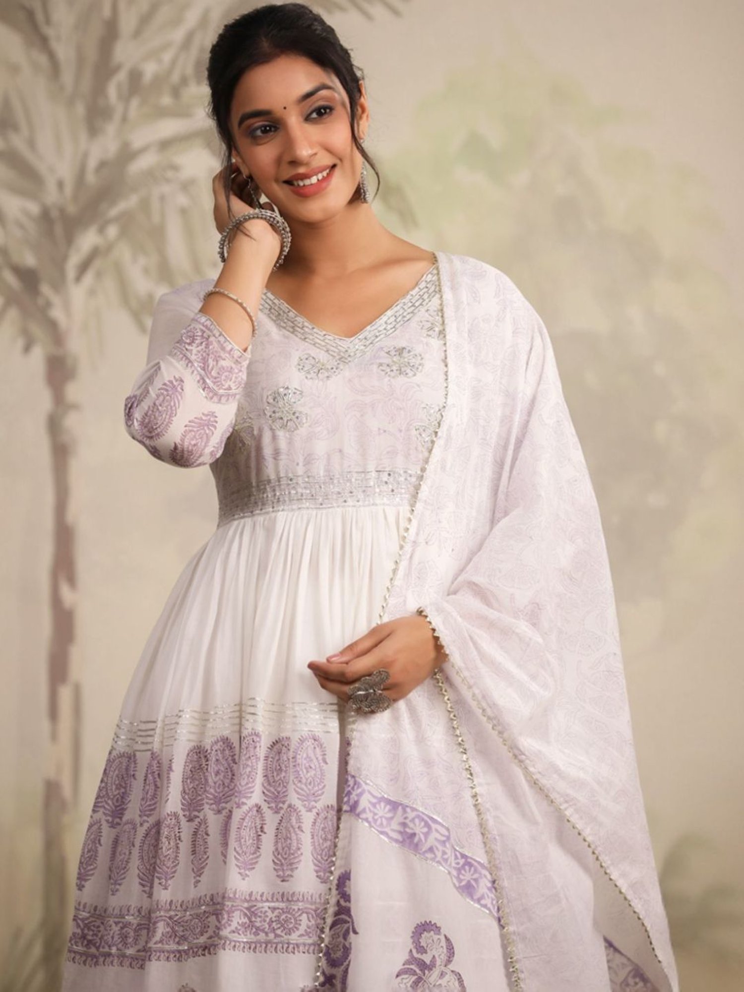 SCAKHI White & Lavender Hand-Block Printed Anarkali Kurta And Pant With Dupatta