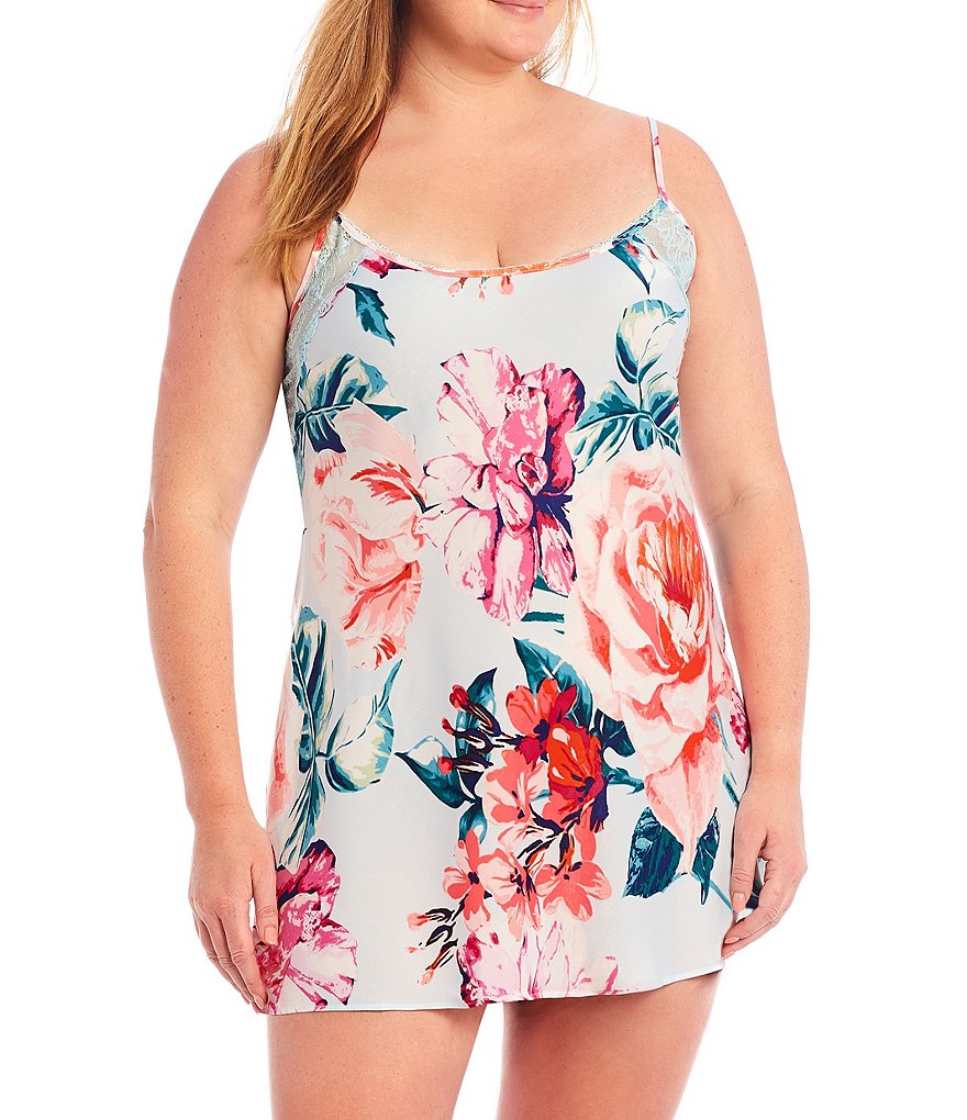 In Bloom by Jonquil Plus Floral Print Shimmer Satin Chemise