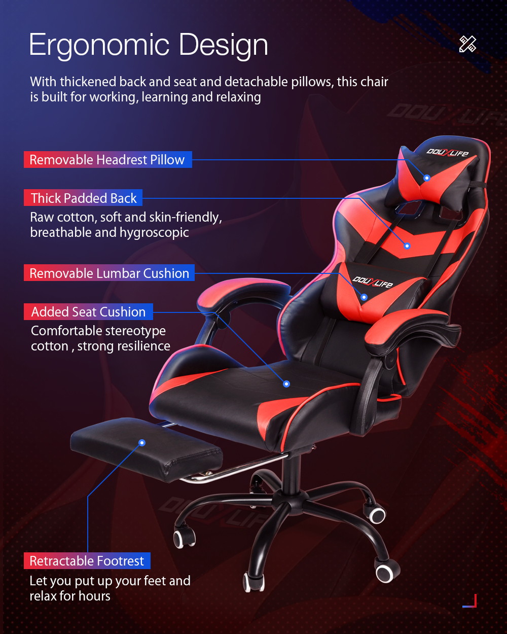 Gaming Chair, Racing Style Computer Desk Chair Padded Armrests Ergonomic Lumbar Support Adjustable Height