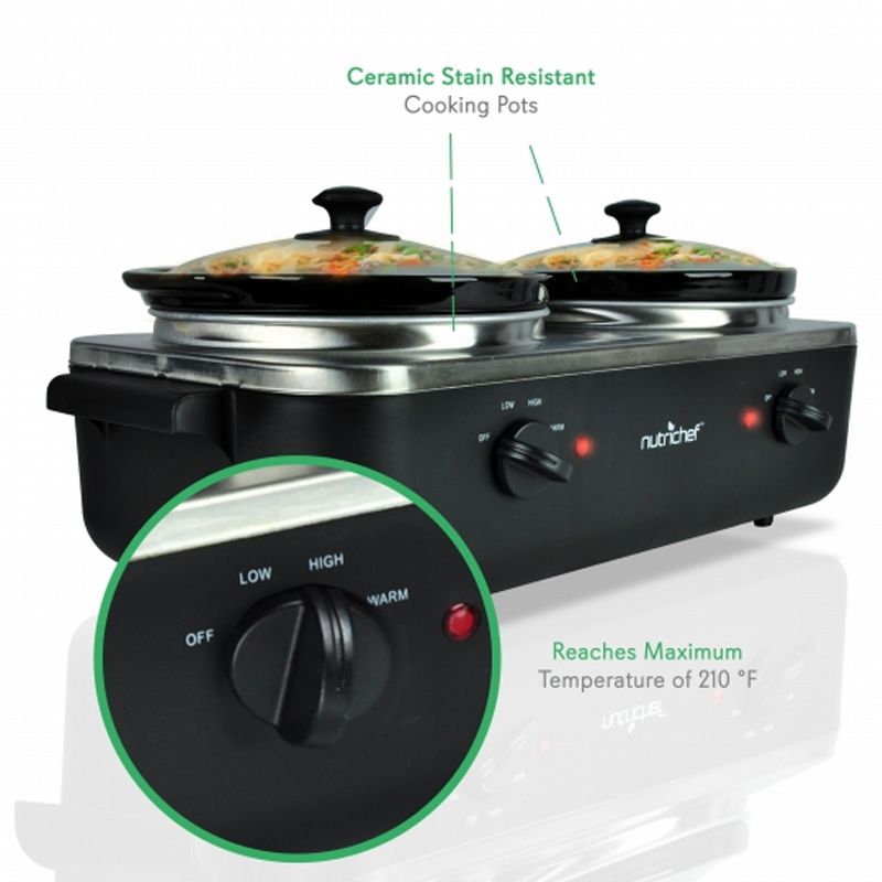 NutriChef Portable Dual Pot 5.3 Quart Electric Slow Cooker Buffet Food Warmer Chafing Dish with Glass Lids and Individual Temperature Control (2 Pack)