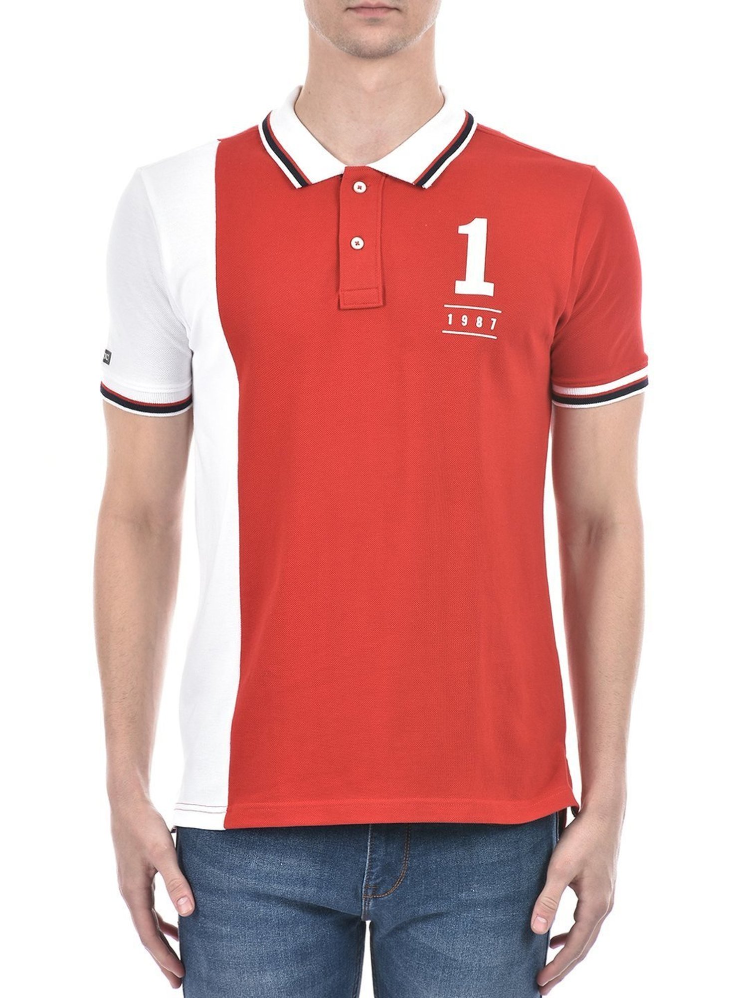 Numero Uno Red Cotton Regular Fit Colour Block Polo T-Shirt
