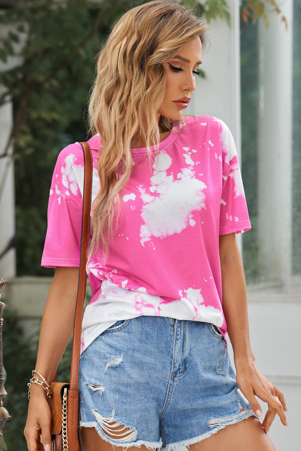 Pink Tie Dye Short Sleeve Crew Neck T Shirt Customized