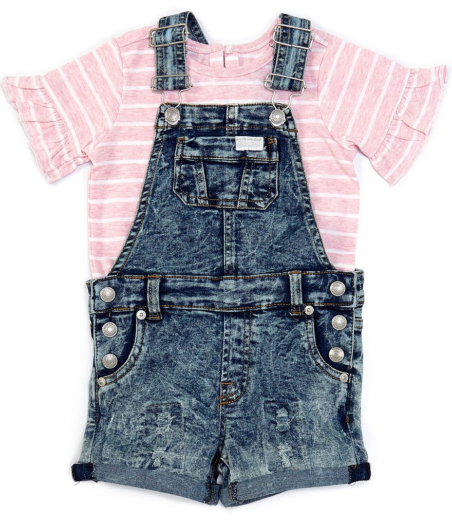 7 for all mankind Baby Girls 12-24 Months Stripe Ruffle Tee & Destructed Denim Shortall Set