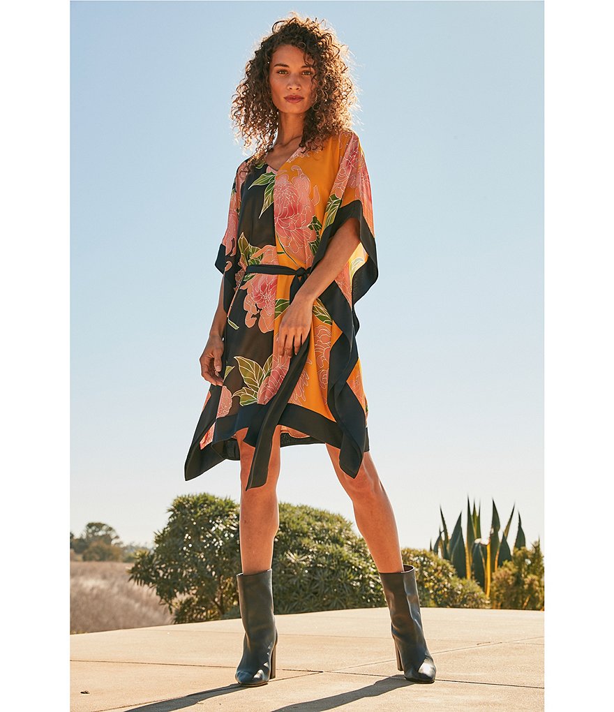 Trina Turk Love Floating Chrysanthemum Floral Border Print V-Neck Short Sleeve Tie Waist Caftan