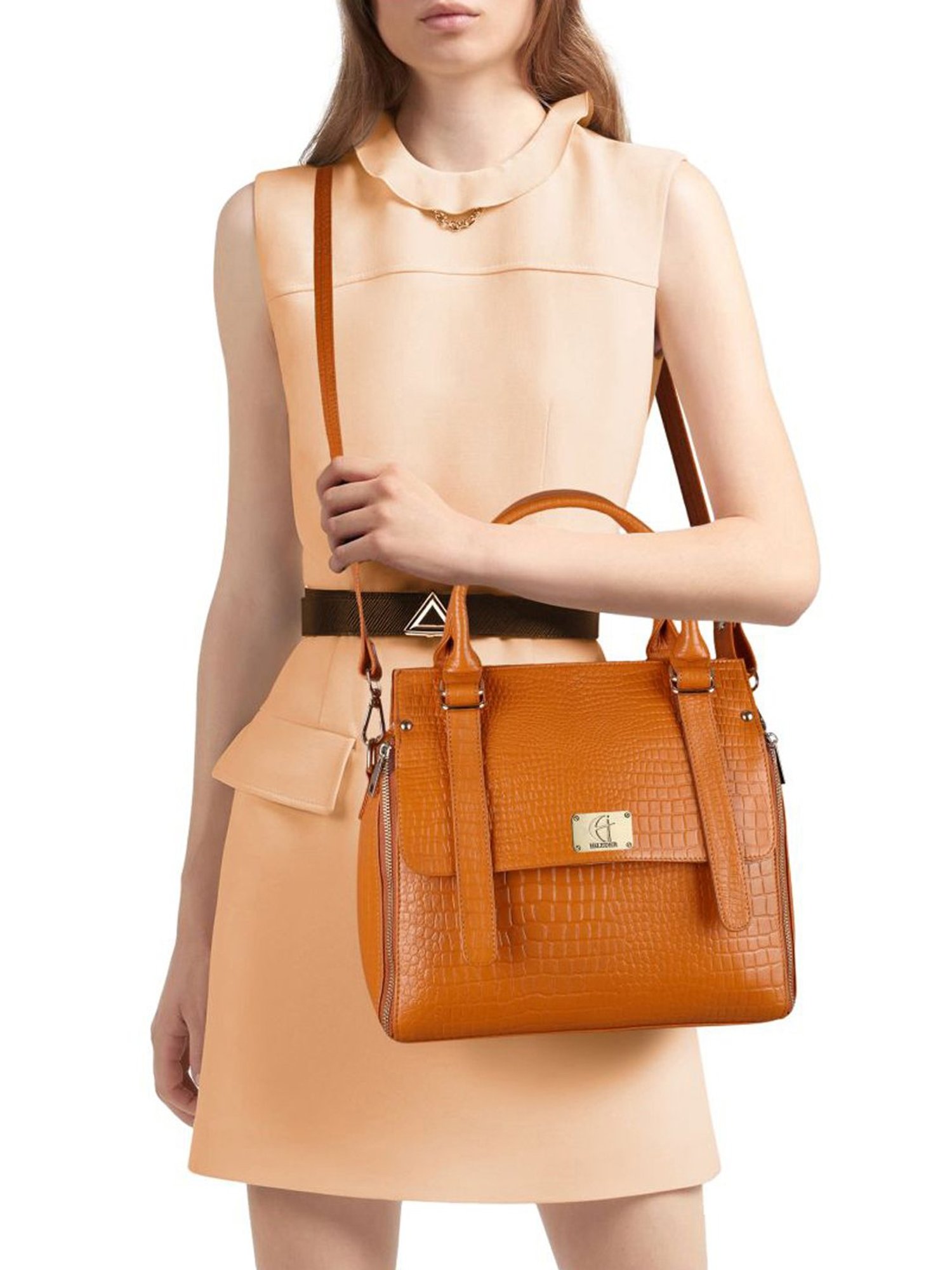 HiLEDER Orange Textured Medium Handbag