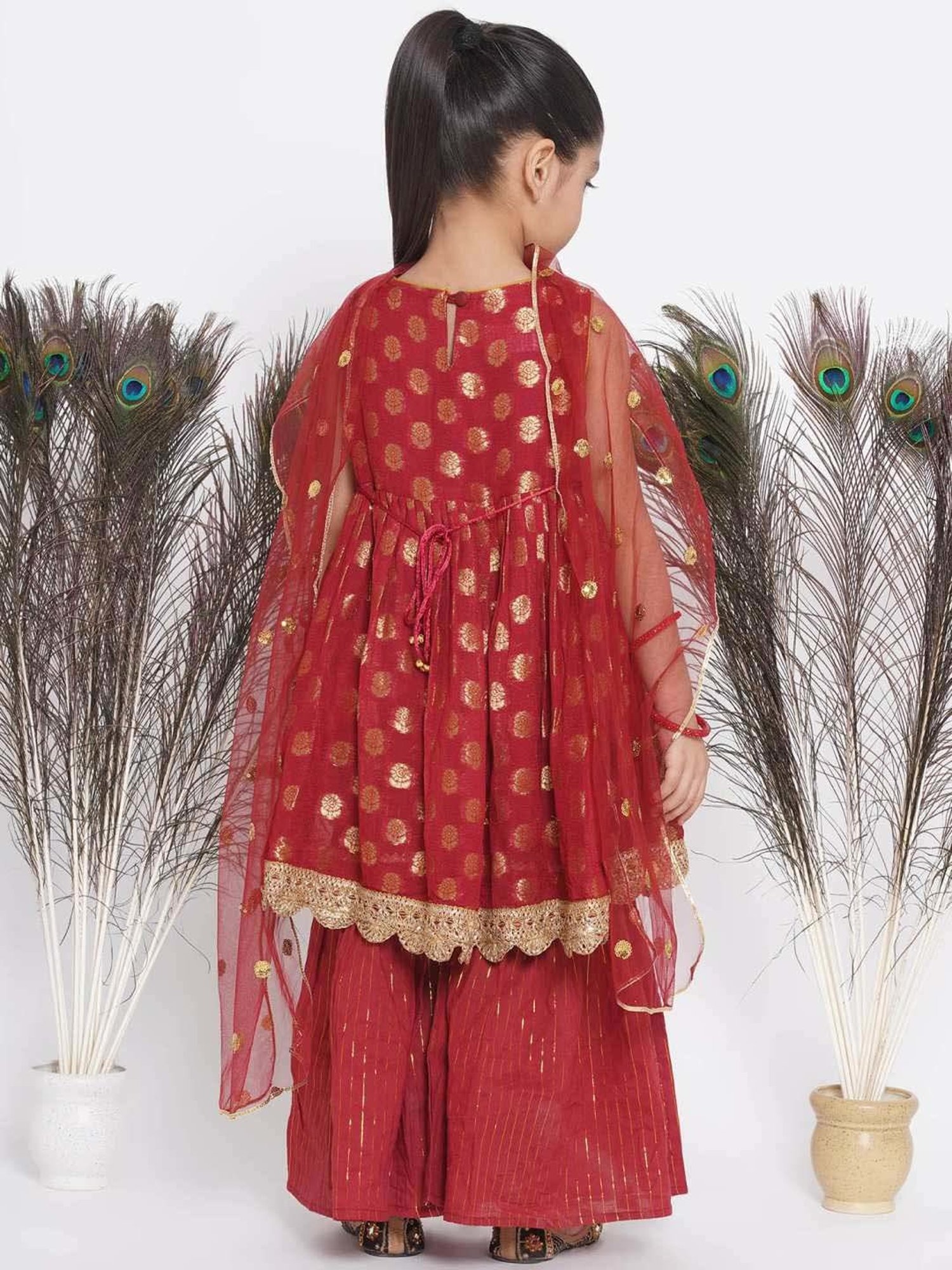 Little Bansi Maroon & Gold Cotton Embroidered Kurta Set