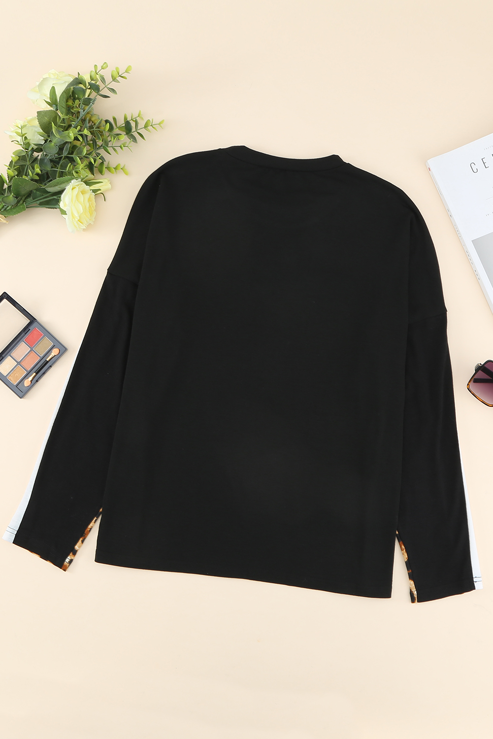 Blank Sweatshirt - Black Leopard Print Sleeve Long Sleeve Top Customized