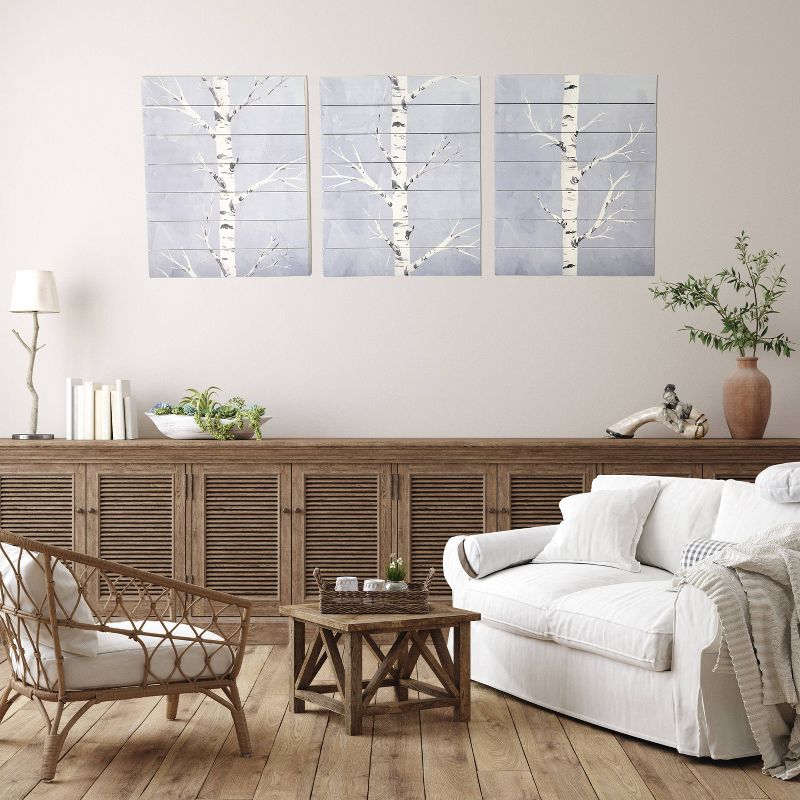 (Set of 3) 16" x 20" Birch Trees Each Print on Planked Wood Wall Sign Panel Blue - Gallery 57