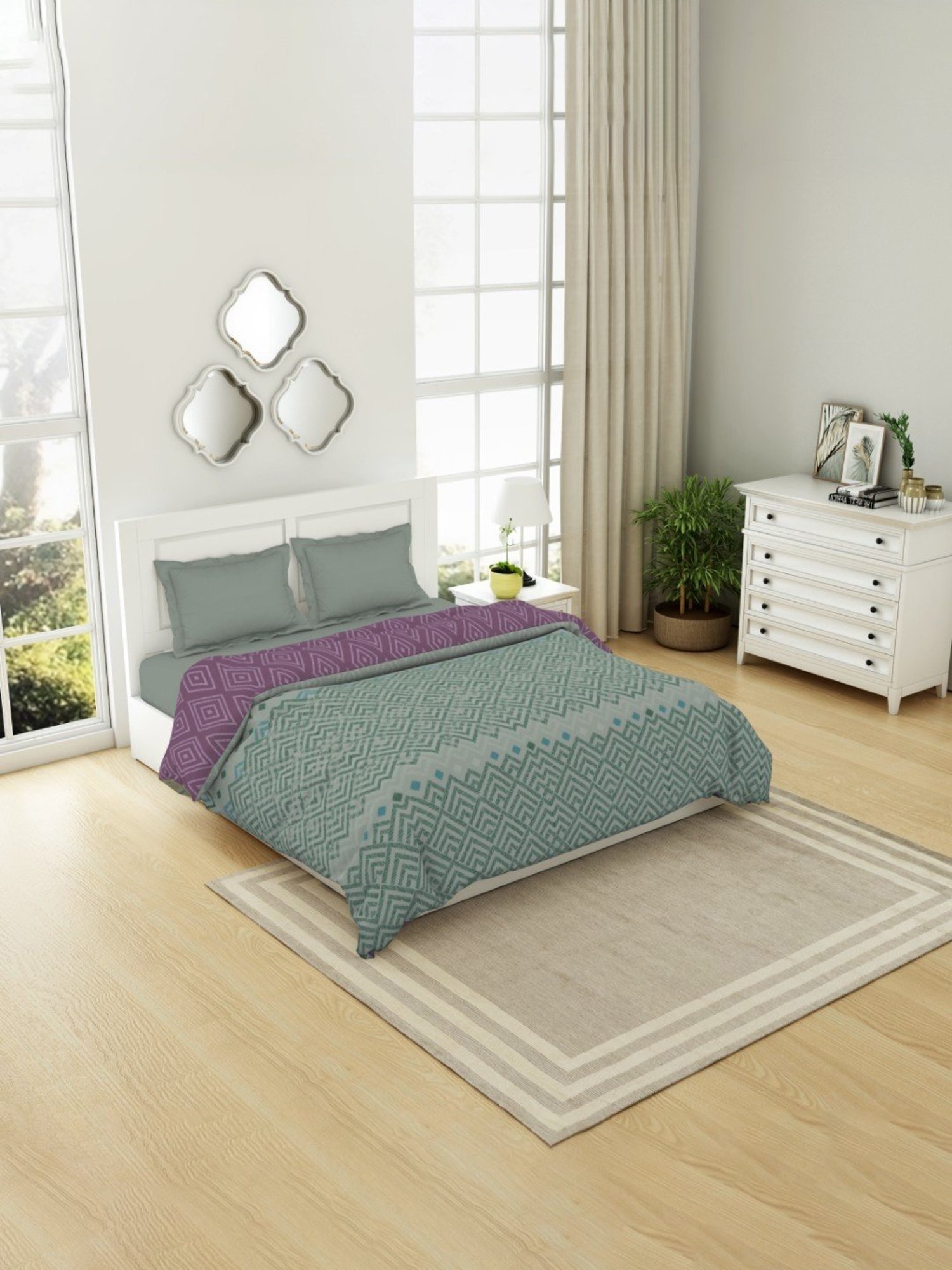 Spaces Geospace Geometric Teal & Purple 144 TC Cotton Double Bed Quilt